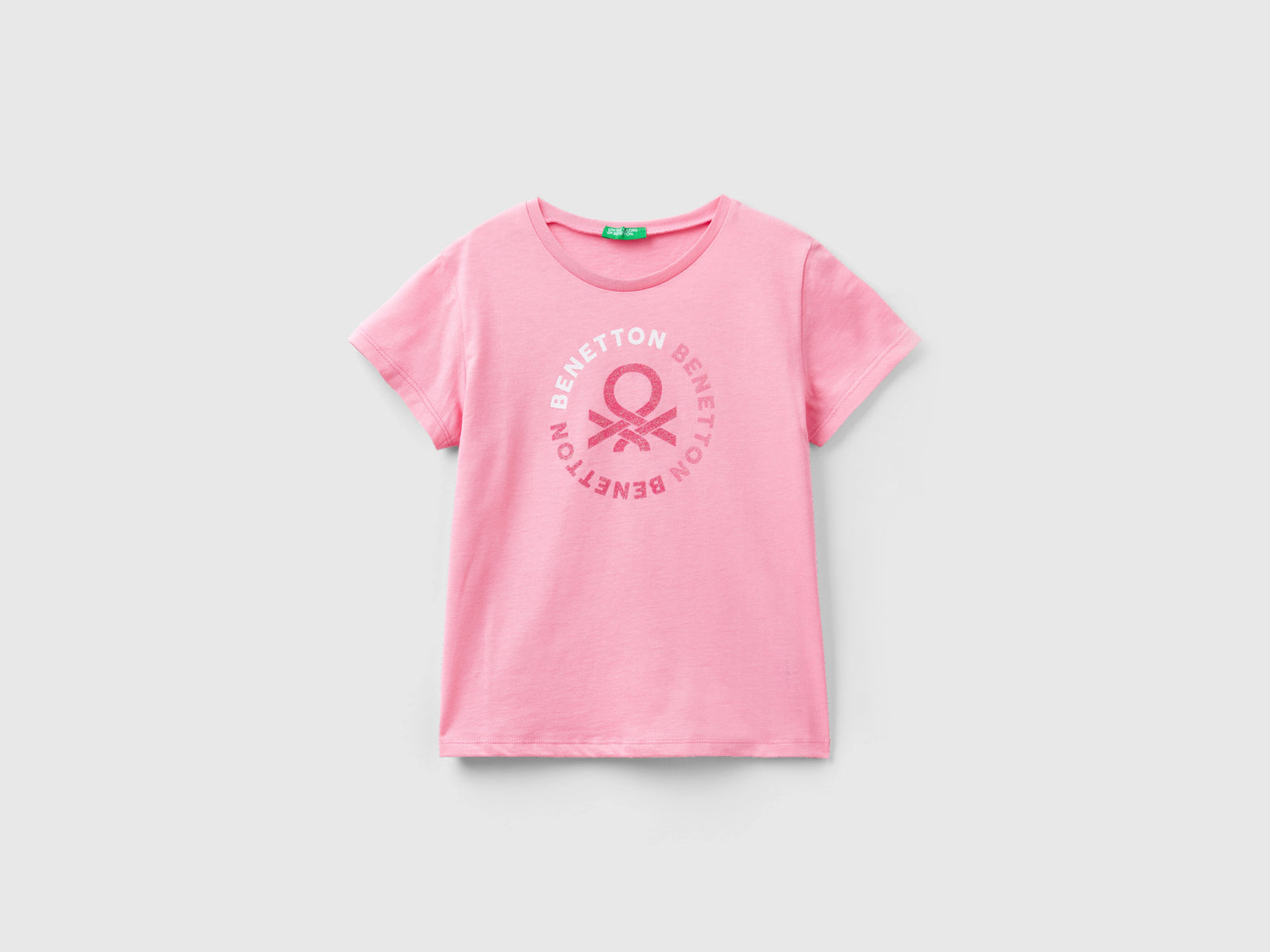 T-shirt con logo glitter in cotone bio da bambina rosa | Benetton Outlet