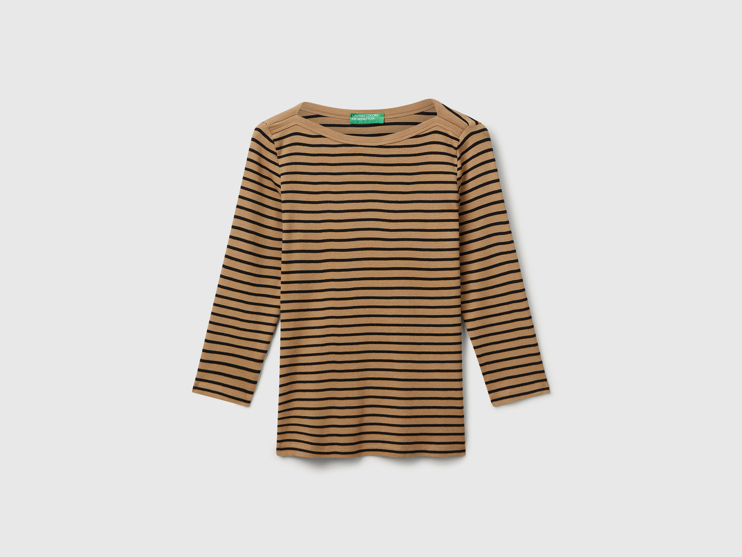 T-shirt manica 3/4 a righe in puro cotone da donna cammello | Benetton Outlet