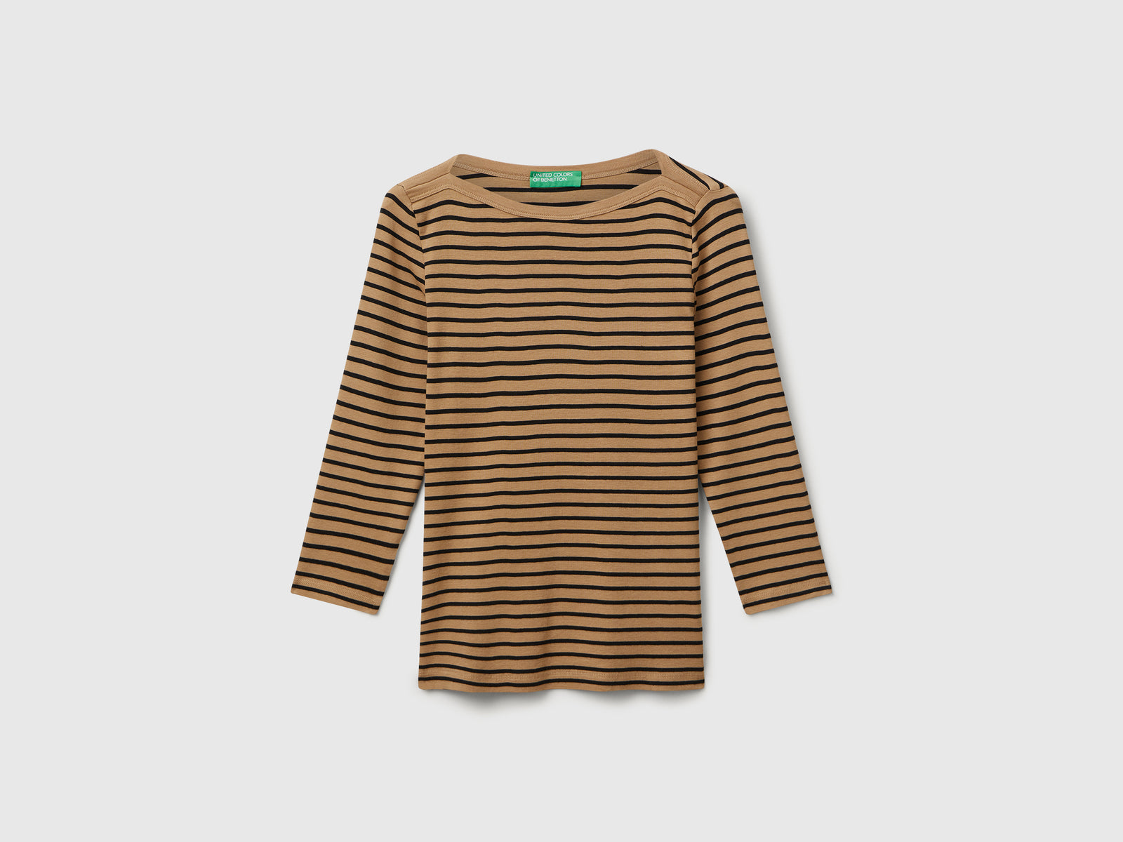T-shirt manica 3/4 a righe in puro cotone da donna cammello | Benetton Outlet