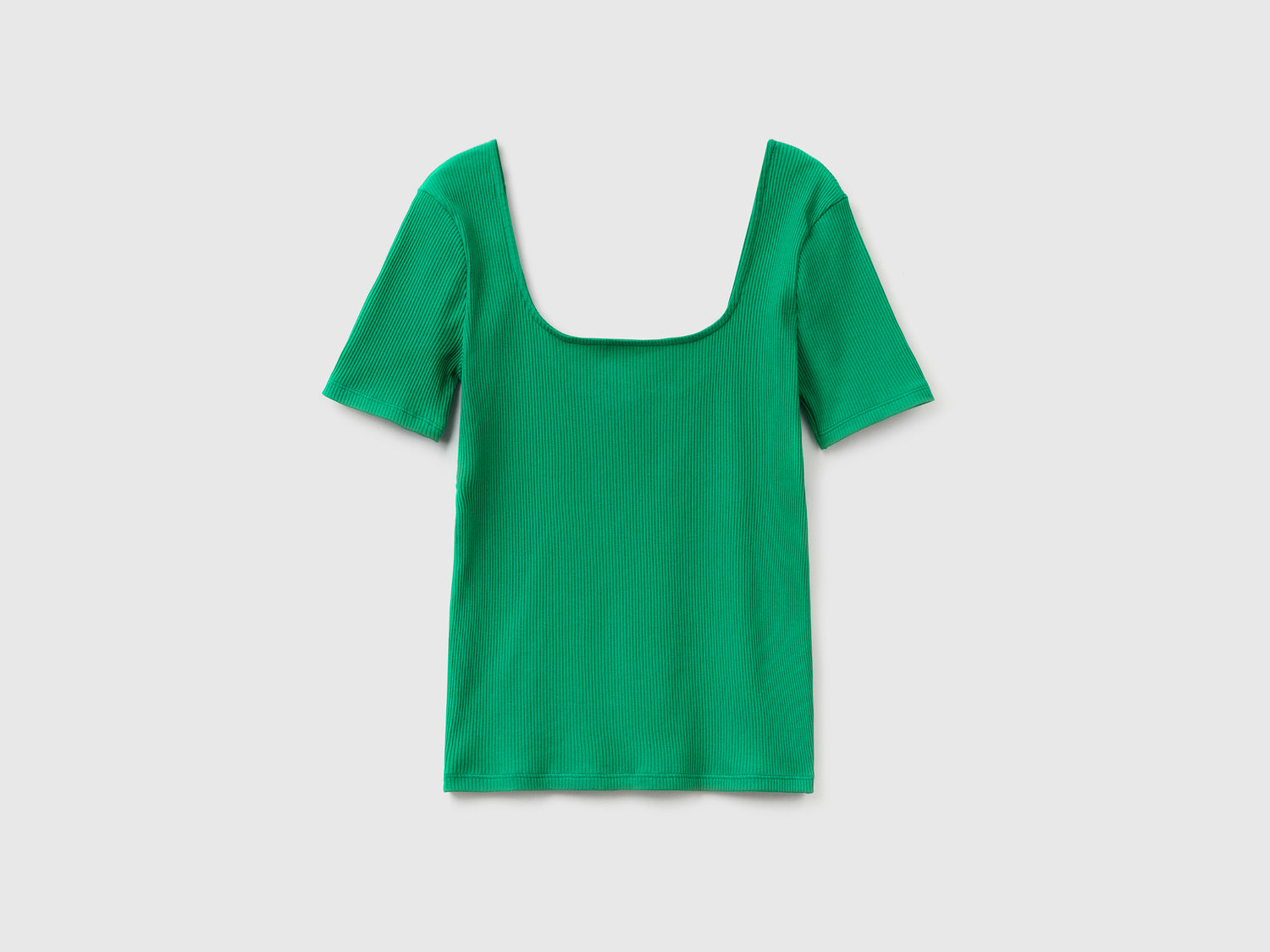 Maglietta a manica corta in costina di cotone elasticizzato da donna verde | Benetton Outlet