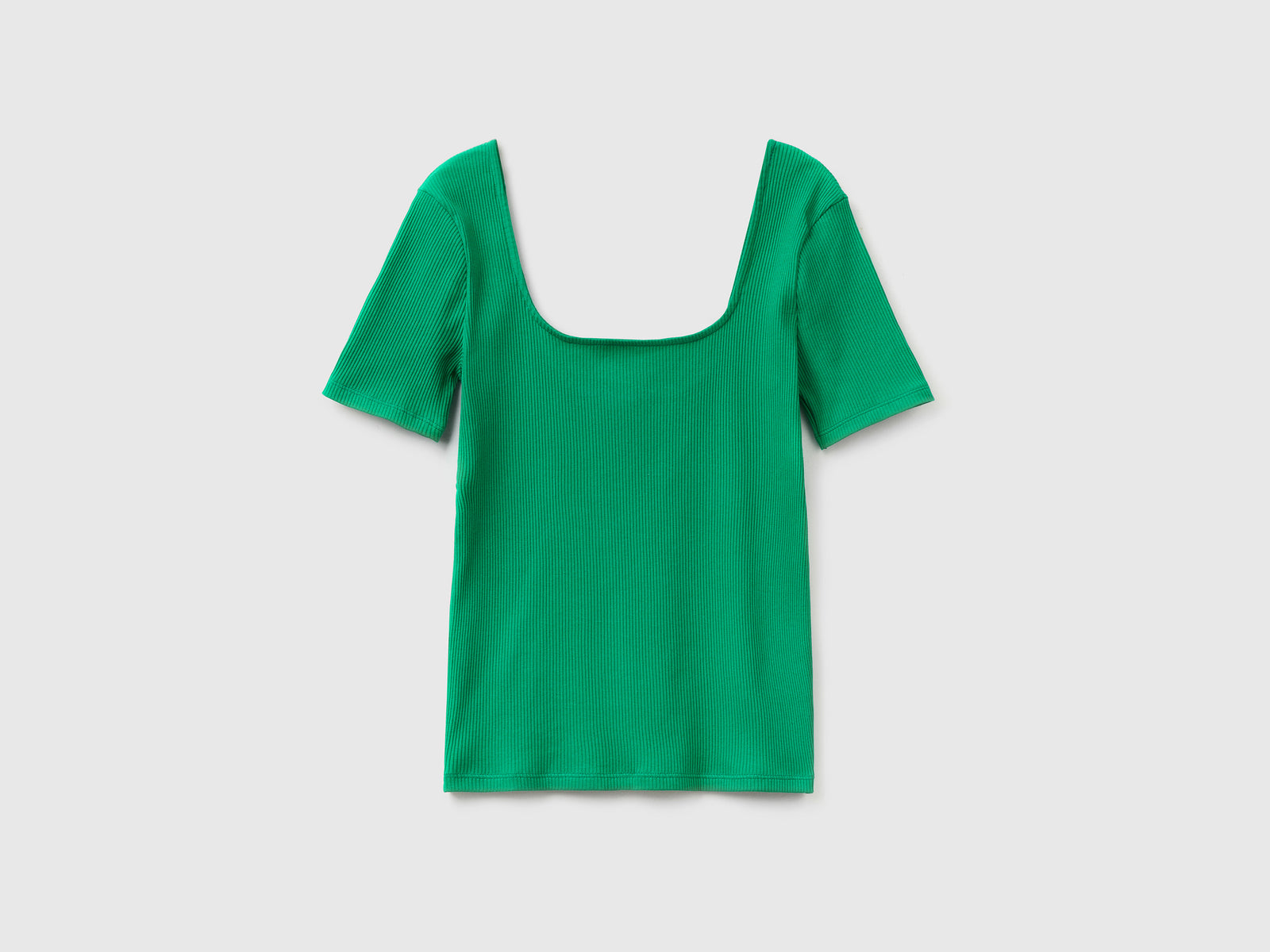 Maglietta a manica corta in costina di cotone elasticizzato da donna verde | Benetton Outlet