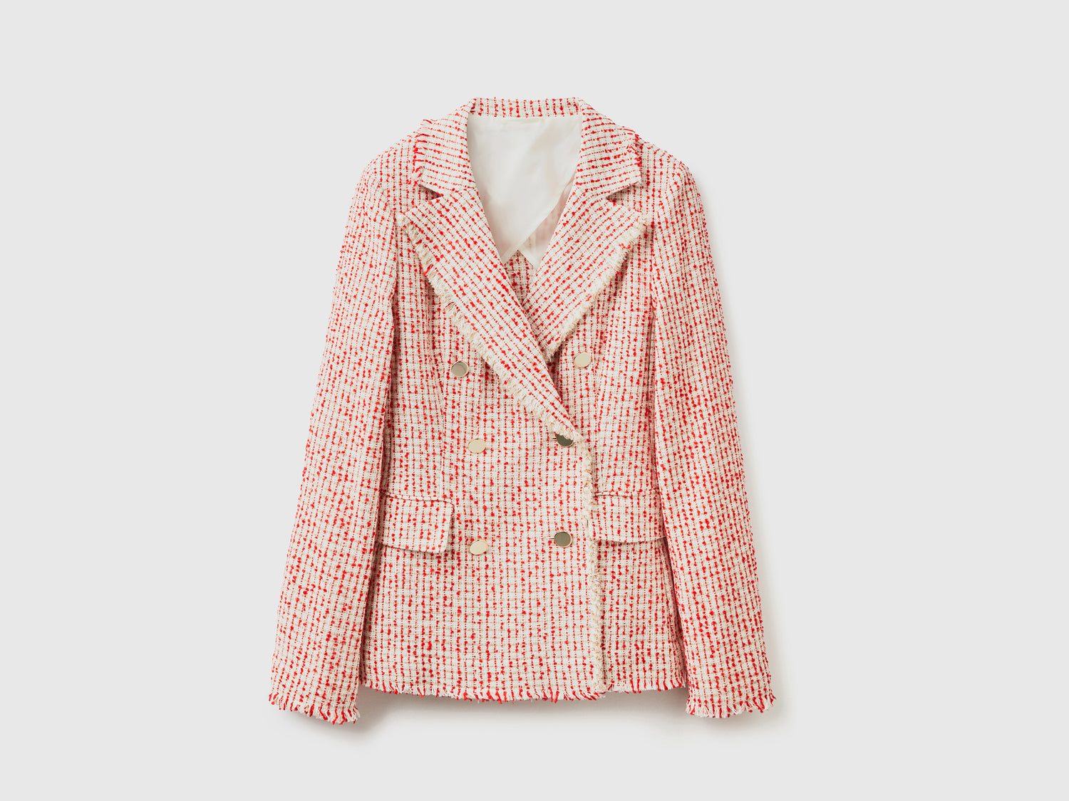 Giacca doppiopetto in tweed di misto cotone con lunghezza sotto il bacino da donna rosa | Benetton Outlet