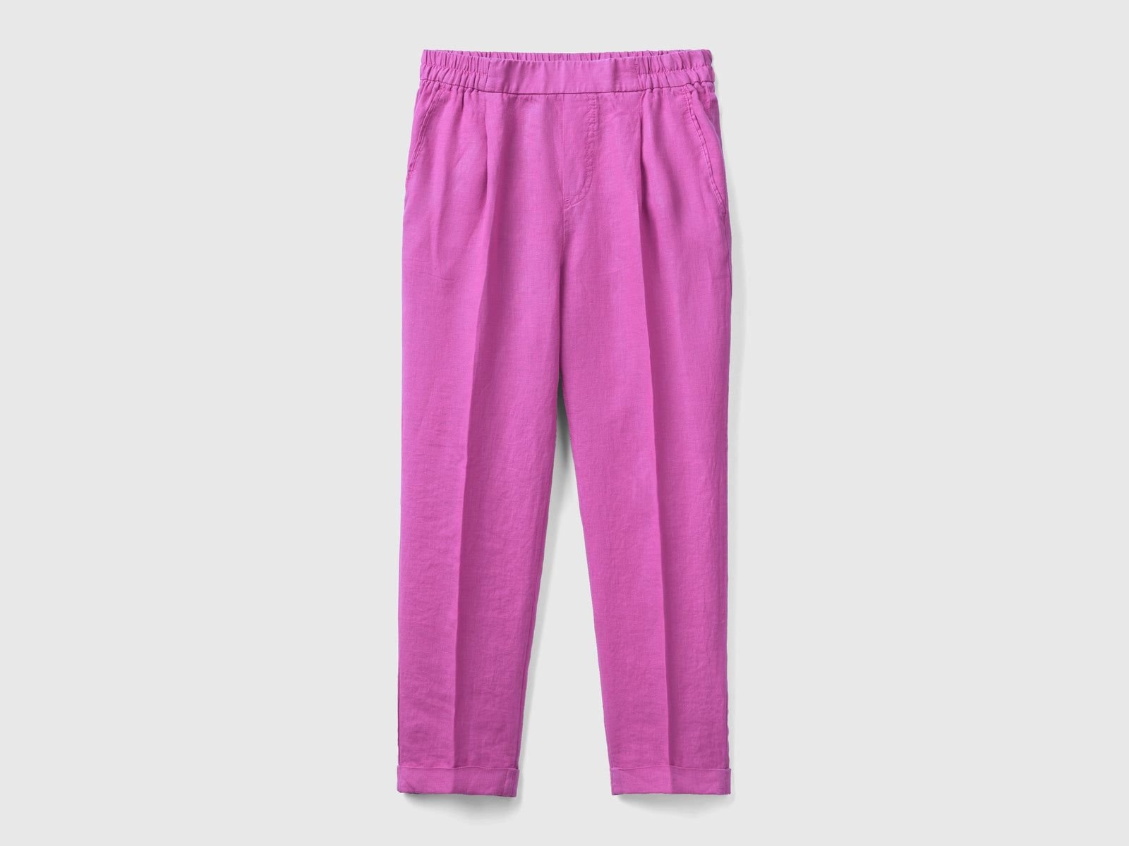 Pantaloni lunghi in puro lino con taglio cropped e gamba affusolata da donna fucsia | Benetton Outlet