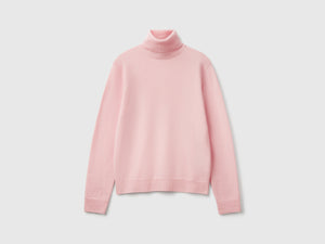 Maglione dolcevita rosa cipria in pura lana Merino