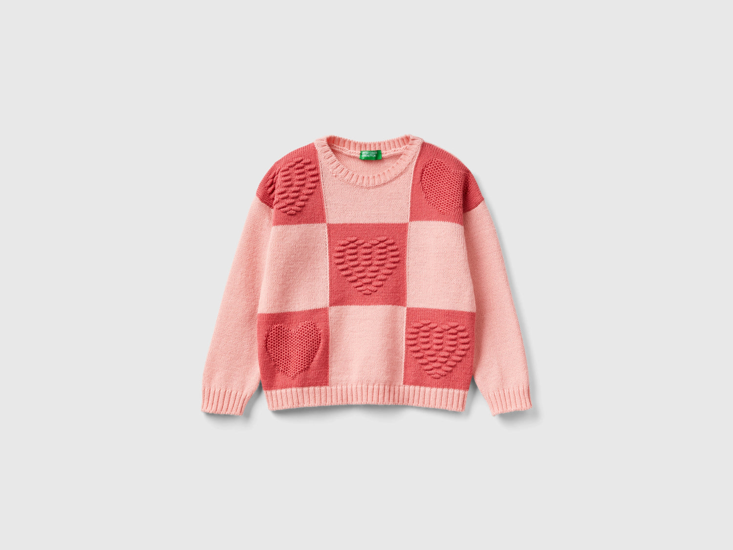 Maglia a scacchi con cuori da bimba rosa | Benetton Outlet