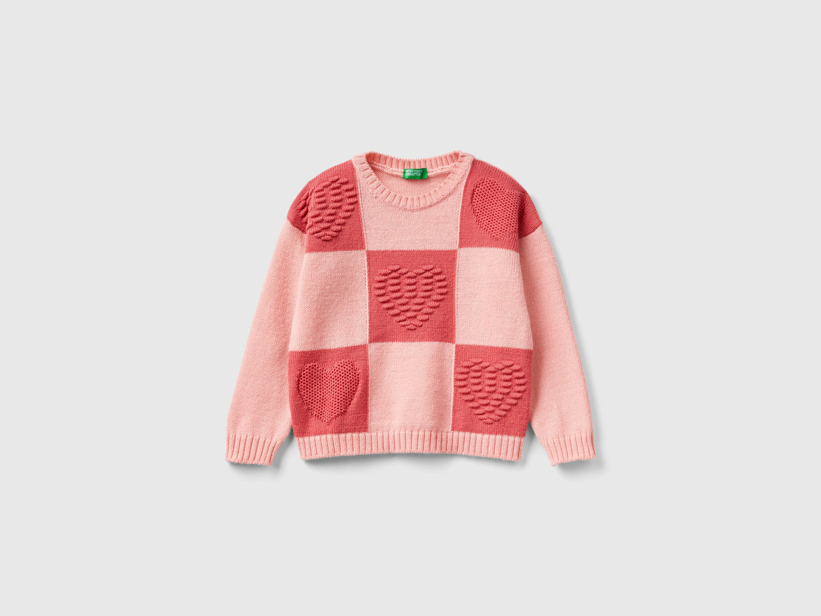 Maglia a scacchi con cuori da bimba rosa | Benetton Outlet