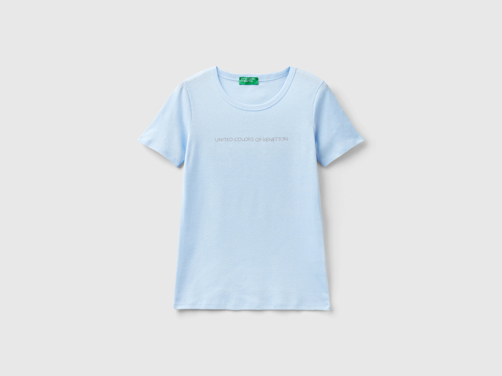 T-shirt 100% cotone con stampa logo glitter da donna celeste | Benetton Outlet