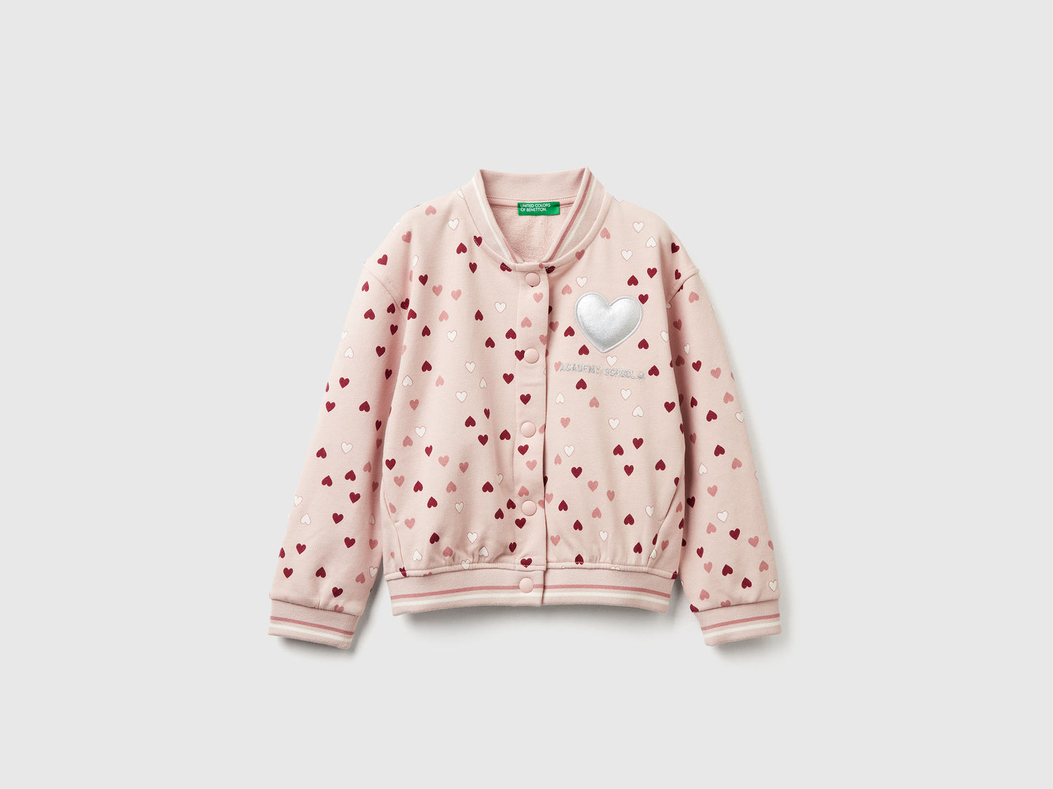 Bomber in felpa con stampa cuori da bimba rosa pastello | Benetton Outlet