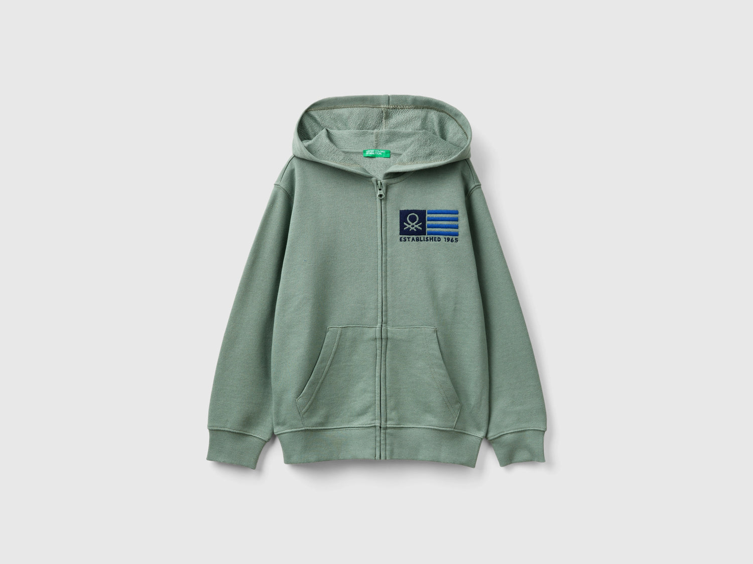 Felpa con zip e ricamo logo da bambino verde chiaro | Benetton Outlet