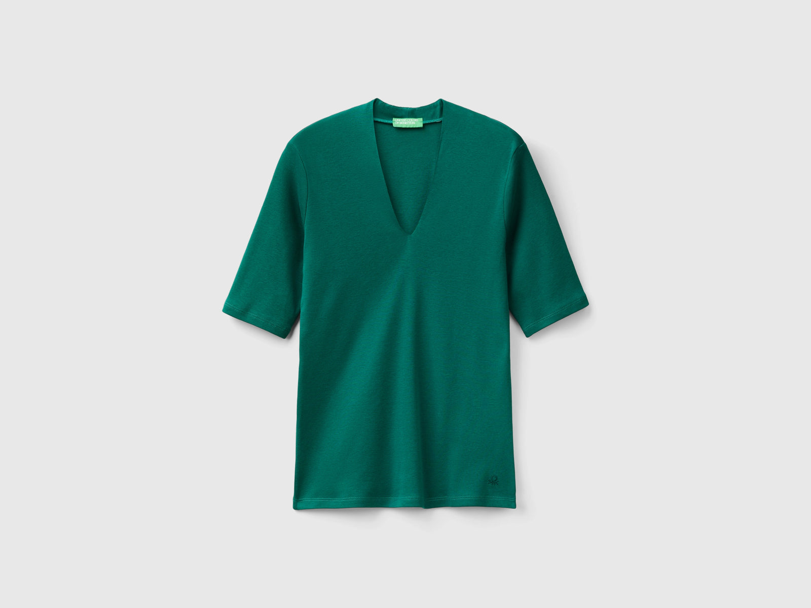 Camiseta slim fit de algodón de fibra larga da donna verde scuro | Benetton Outlet