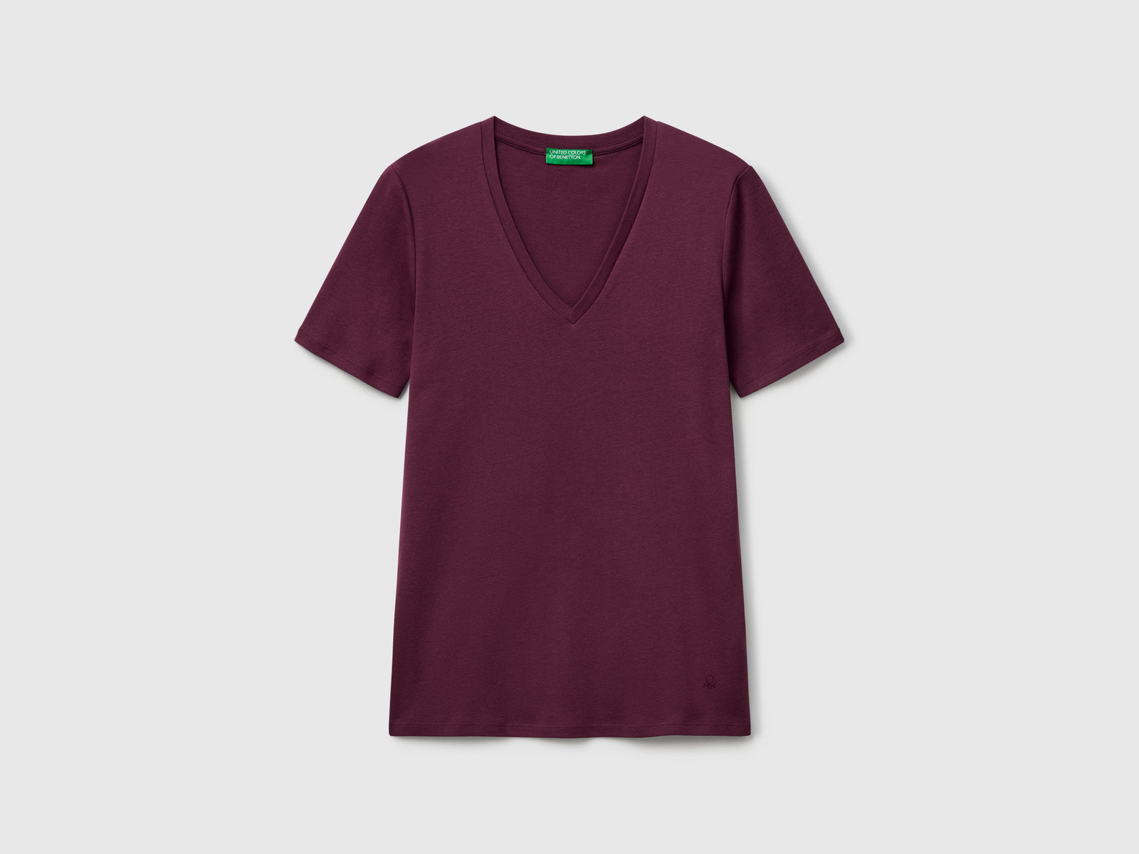 T-shirt in puro cotone con scollo a V da donna prugna | Benetton Outlet