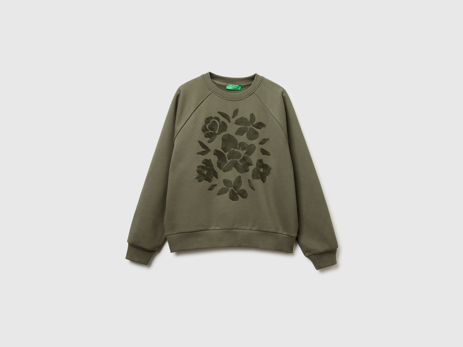 Calda felpa regular fit con ricamo fiori da donna verde militare | Benetton Outlet