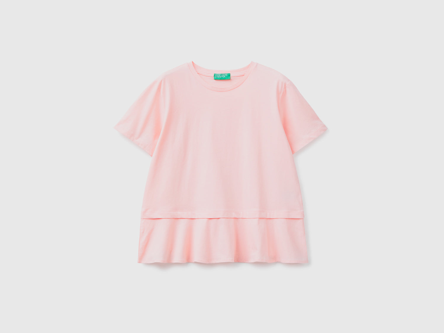 T-shirt girocollo a manica corta in puro cotone da donna rosa tenue | Benetton Outlet