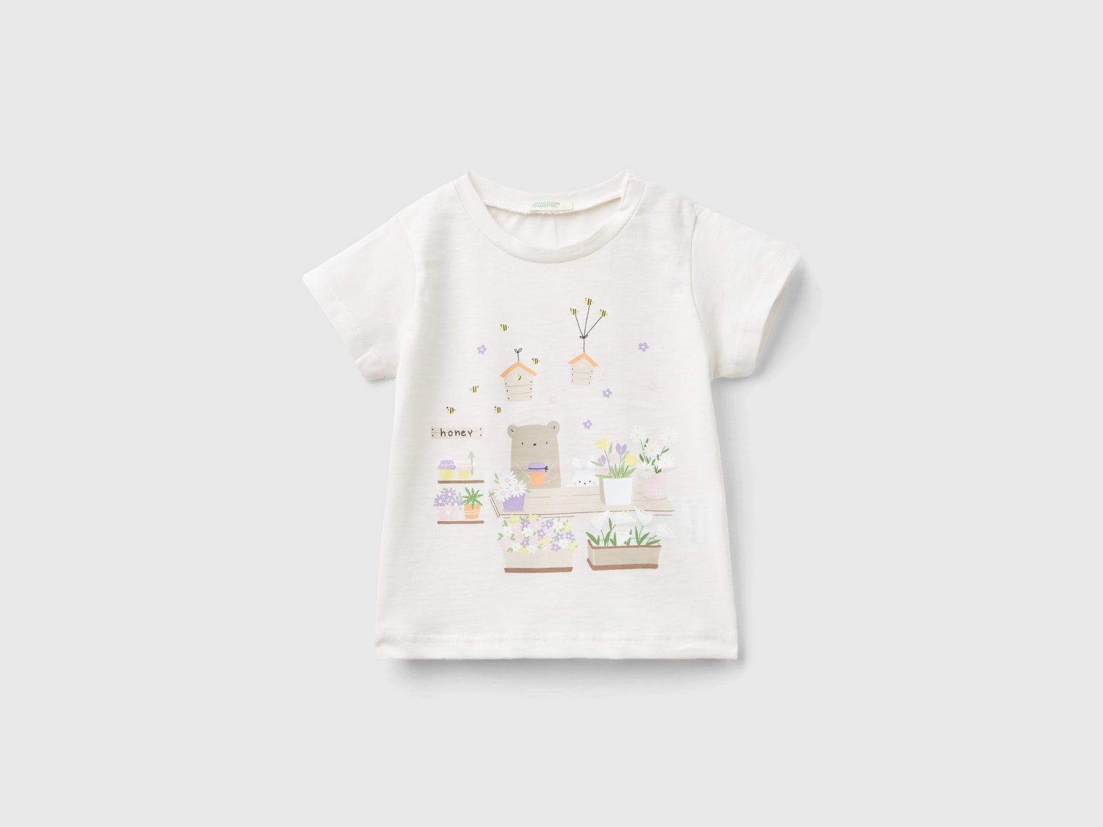 Maglietta in cotone bio con stampa da neonato bianco panna | Benetton Outlet
