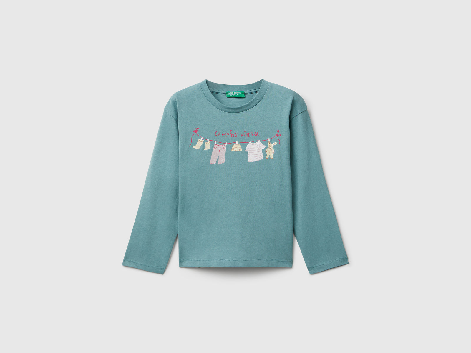 Maglietta in cotone con stampa glitter da bimba celeste | Benetton Outlet