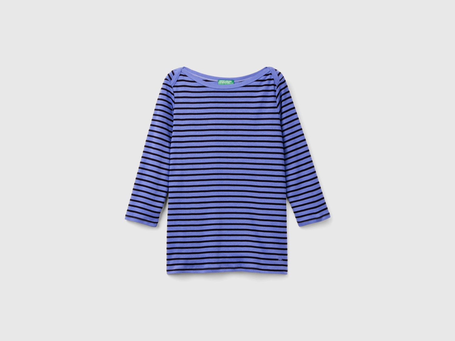 T-shirt manica 3/4 a righe in puro cotone da donna pervinca | Benetton Outlet