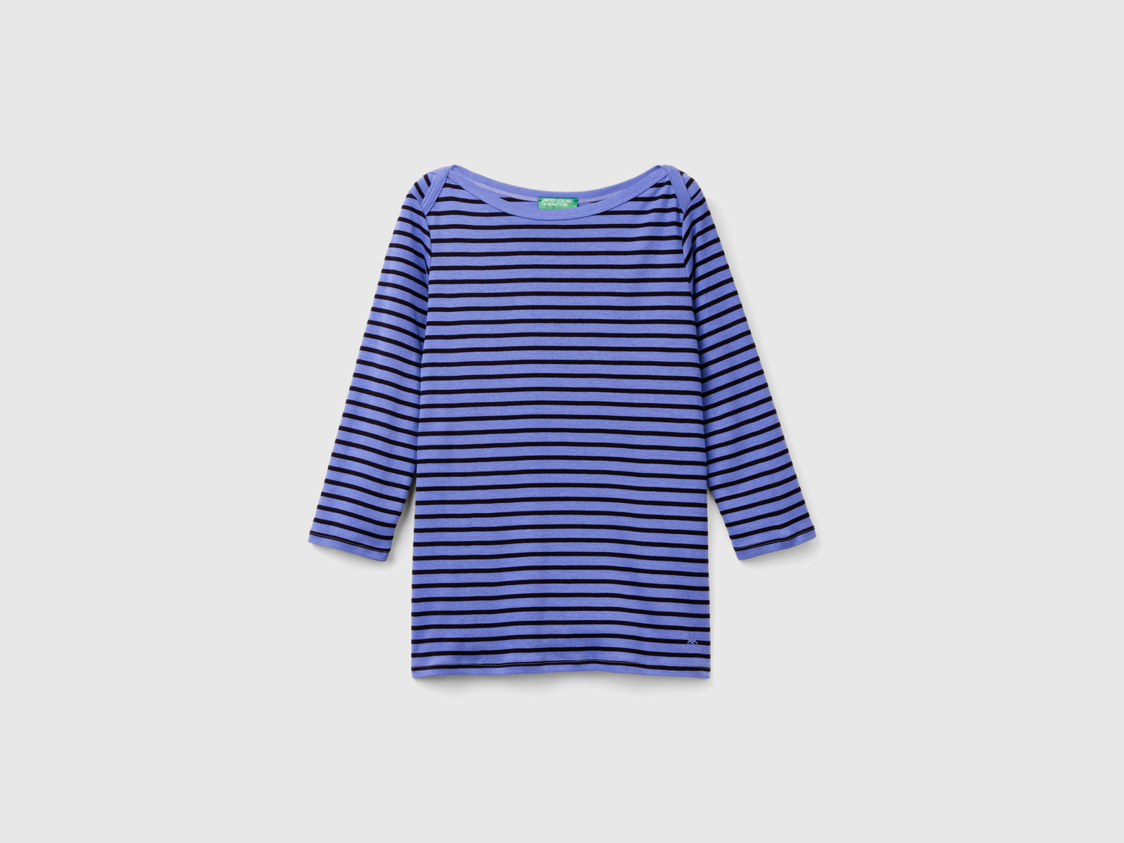 T-shirt manica 3/4 a righe in puro cotone da donna pervinca | Benetton Outlet