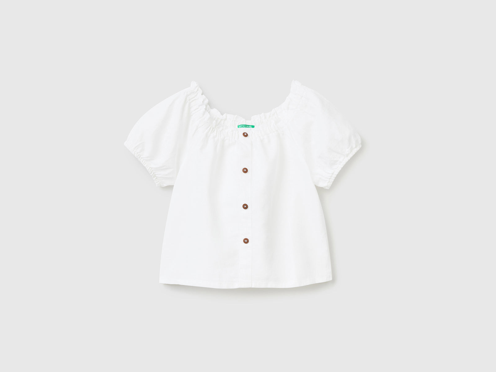 Blusa in misto lino e cotone con manica corta da bambina bianco | Benetton Outlet
