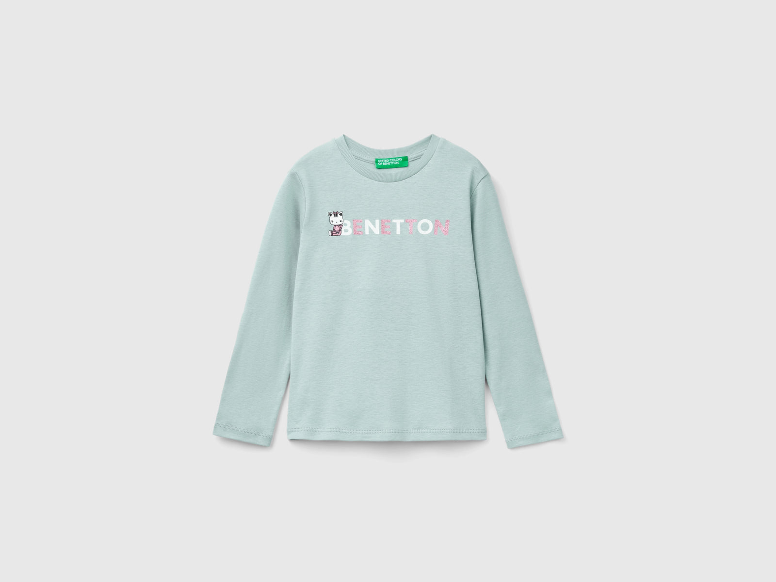 T-shirt con stampa glitter in cotone bio da bimba grigio perla | Benetton Outlet