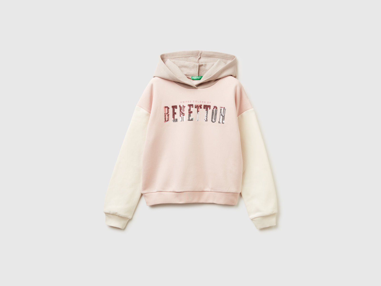 Felpa con cappuccio e paillettes da bambina rosa tenue | Benetton Outlet