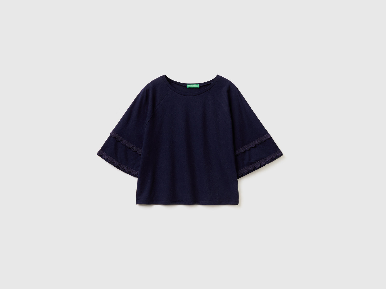 Maglietta boxy fit in misto cotone e lino con scollo rotondo da donna blu scuro | Benetton Outlet
