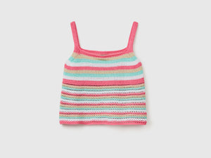 Top smanicato in maglia crochet a righe di misto cotone