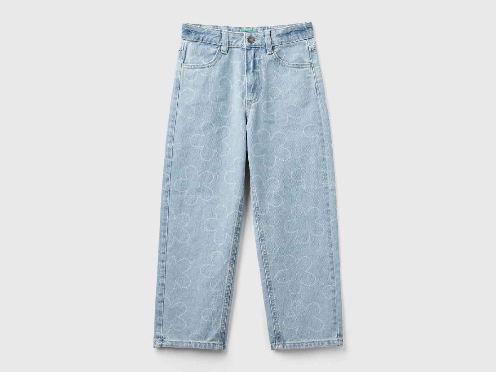 Jeans straight fit con fiori da bambina celeste | Benetton Outlet