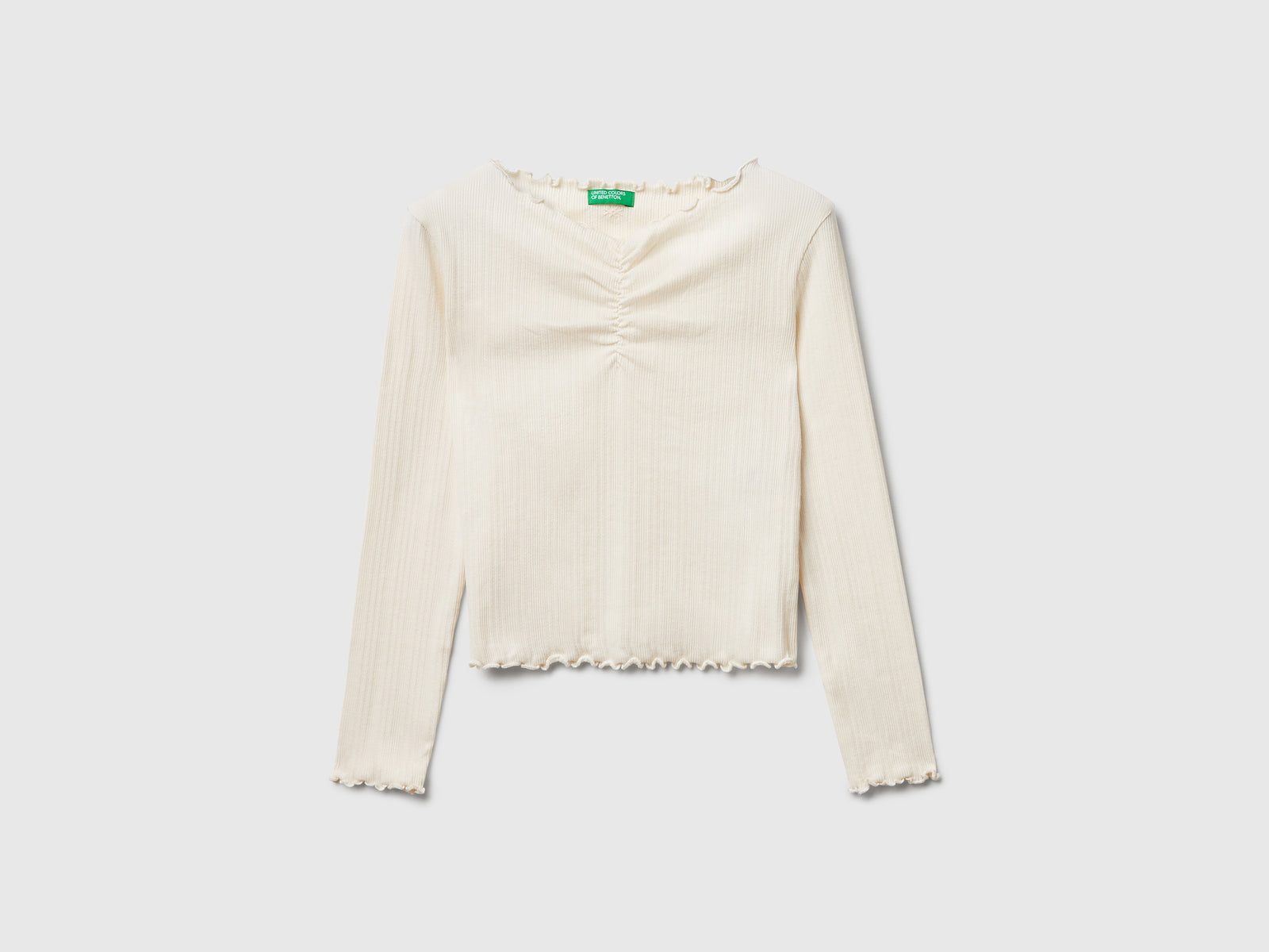Maglietta con bordi ondulati da bambina bianco panna | Benetton Outlet