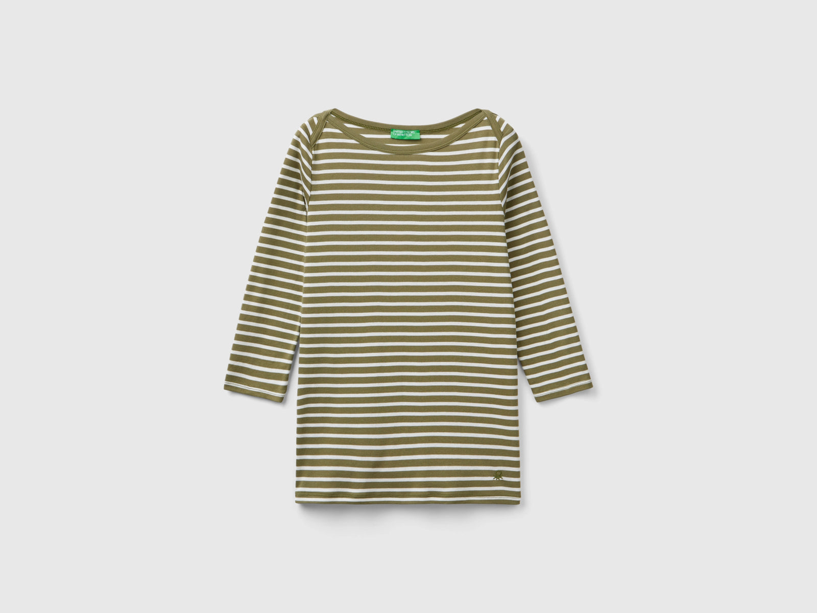 T-shirt manica 3/4 a righe in puro cotone da donna verde militare | Benetton Outlet