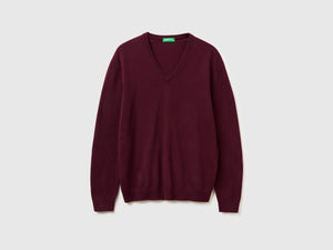 Maglia scollo a V prugna in pura lana Merino