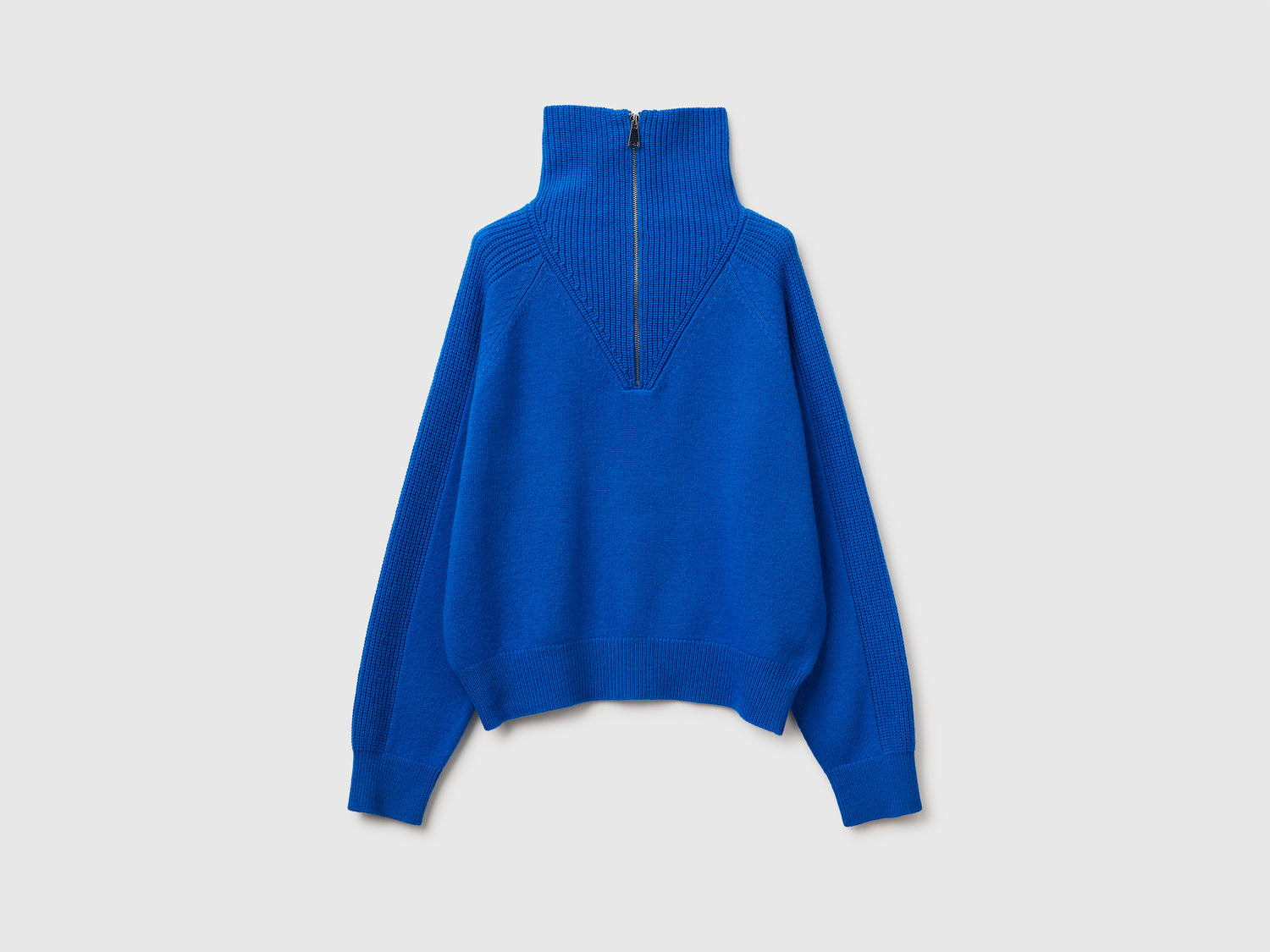 Maglia con mezza zip 100% lana da donna blu | Benetton Outlet