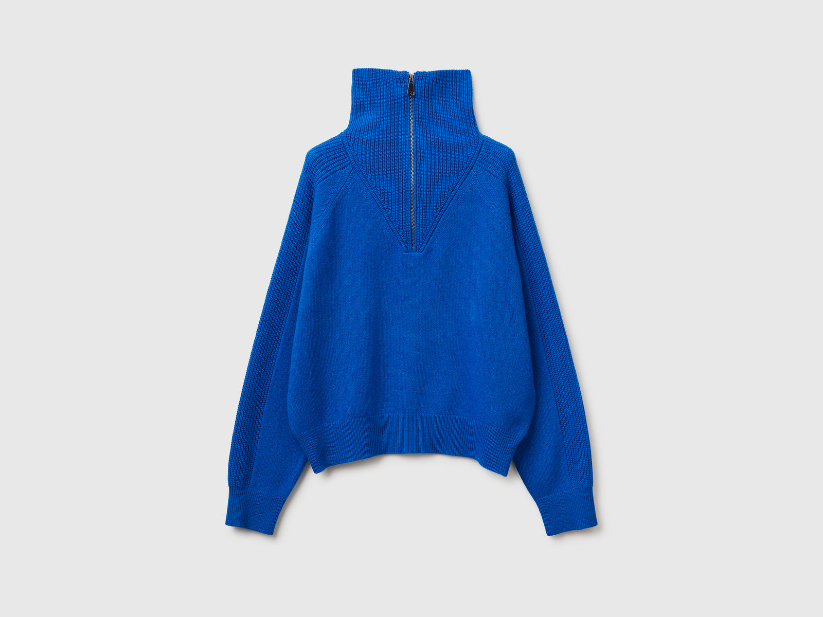 Maglia con mezza zip 100% lana da donna blu | Benetton Outlet