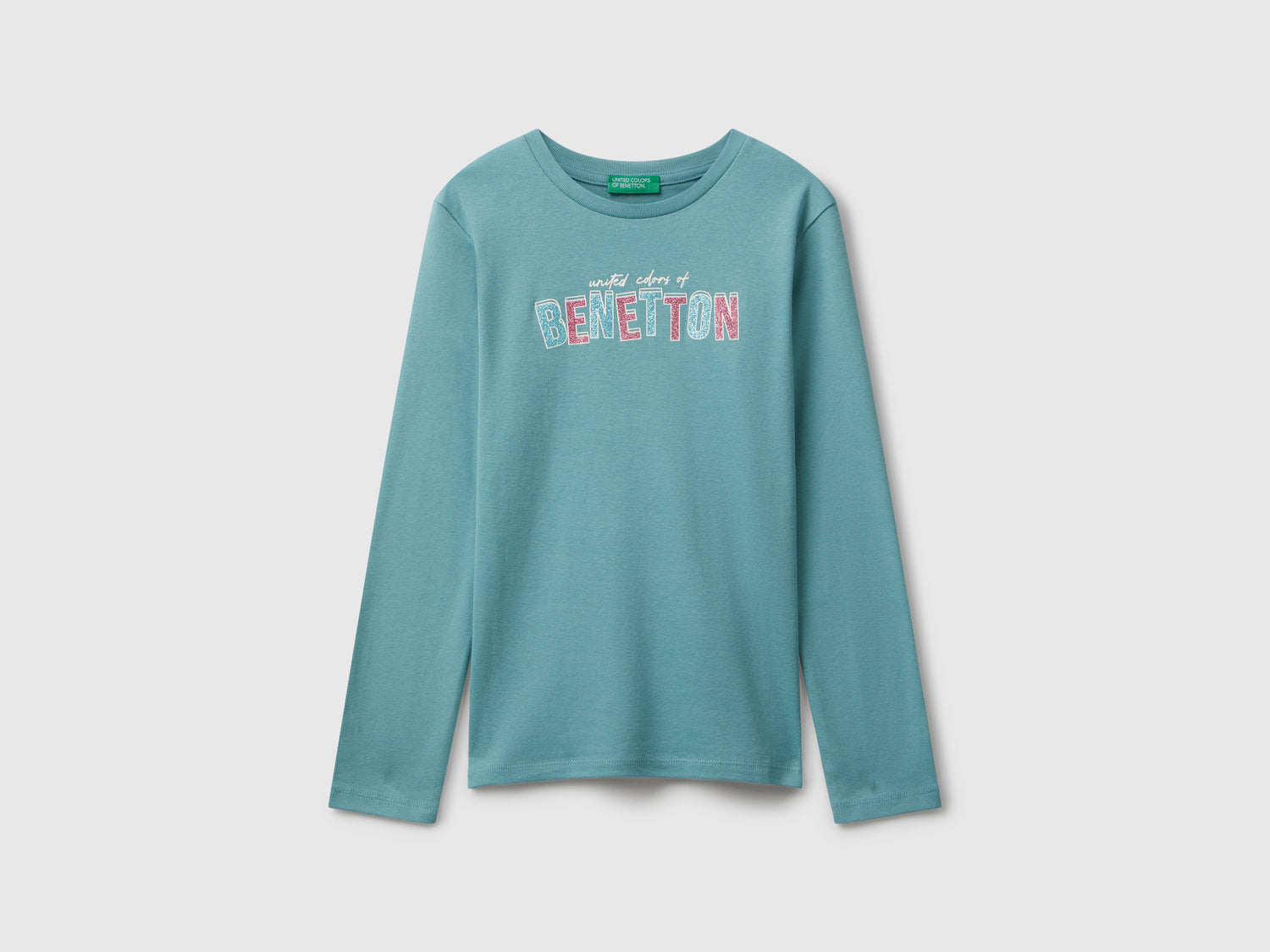 Maglietta con stampa glitter da bambina celeste | Benetton Outlet