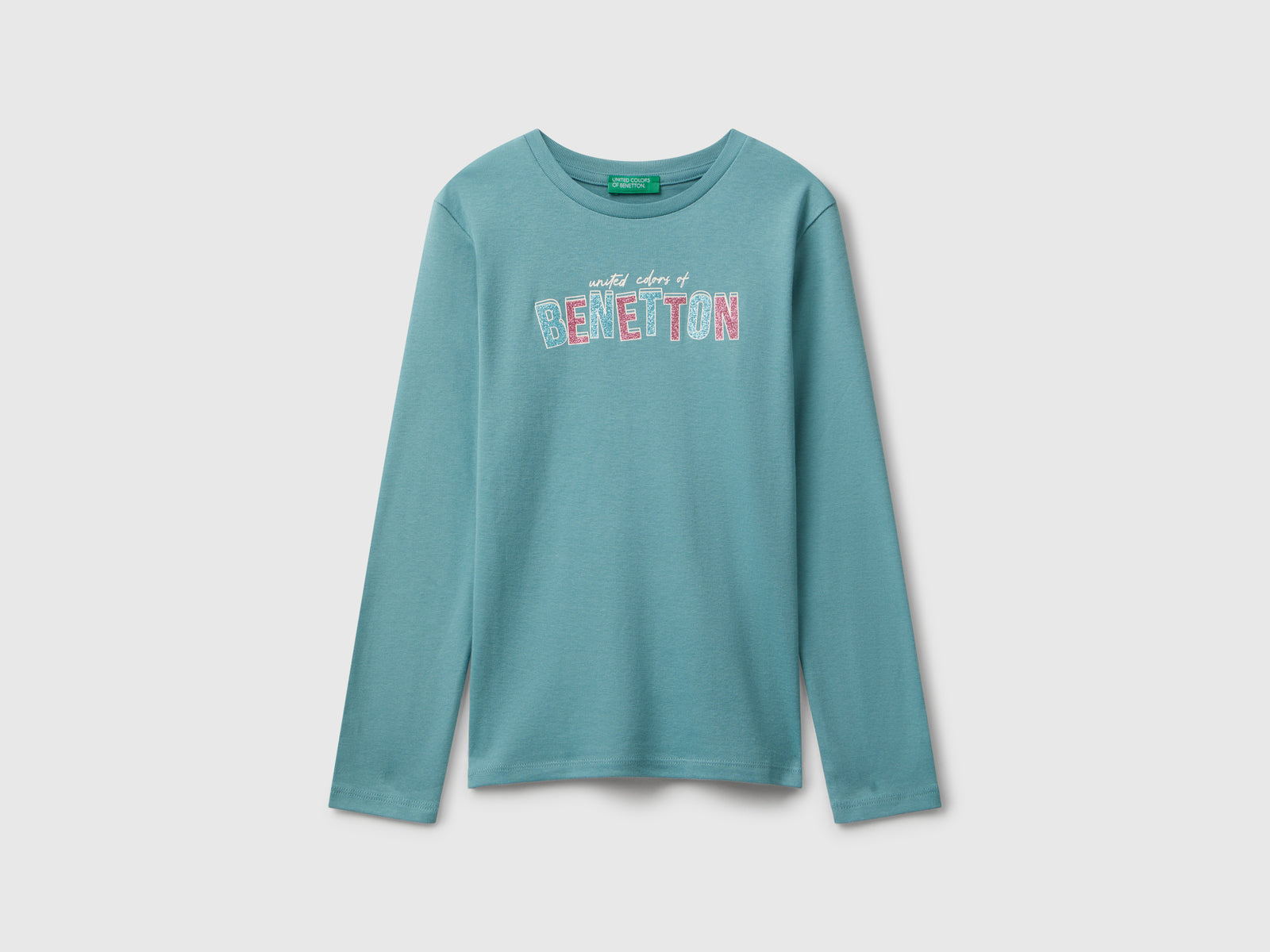 Maglietta con stampa glitter da bambina celeste | Benetton Outlet