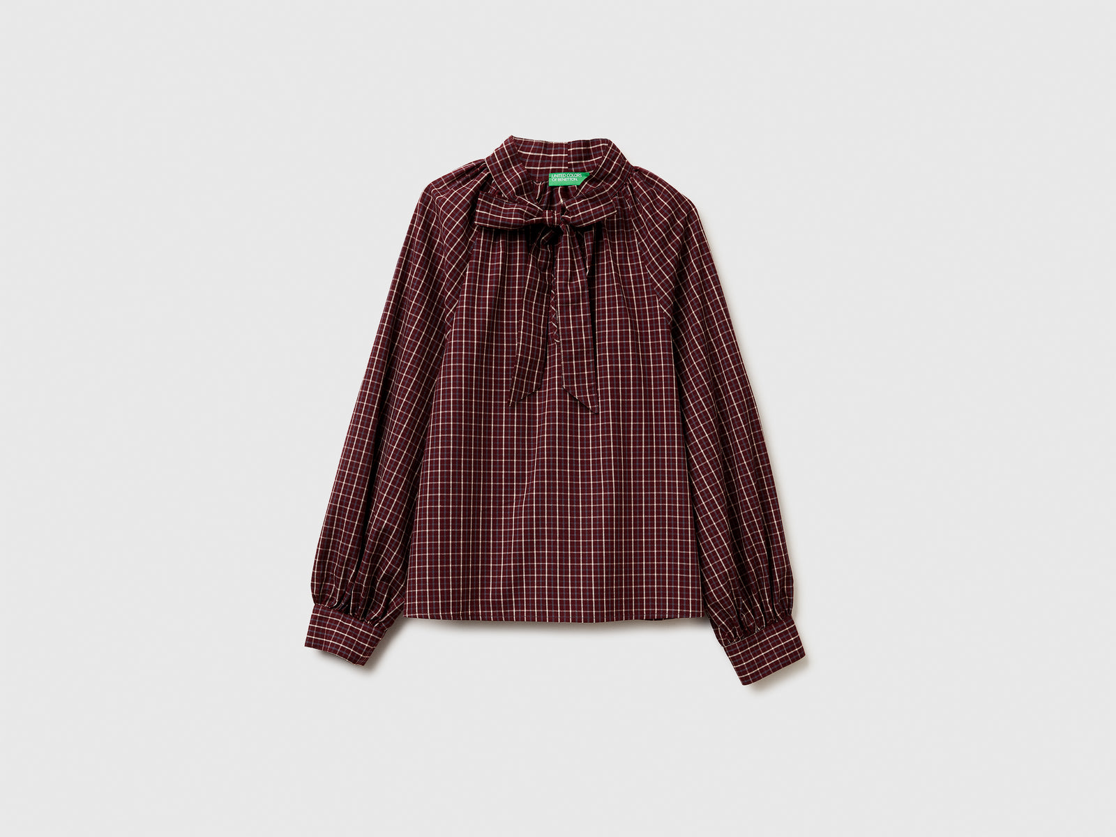 Blusa a quadri con fiocco da donna bordeaux | Benetton Outlet