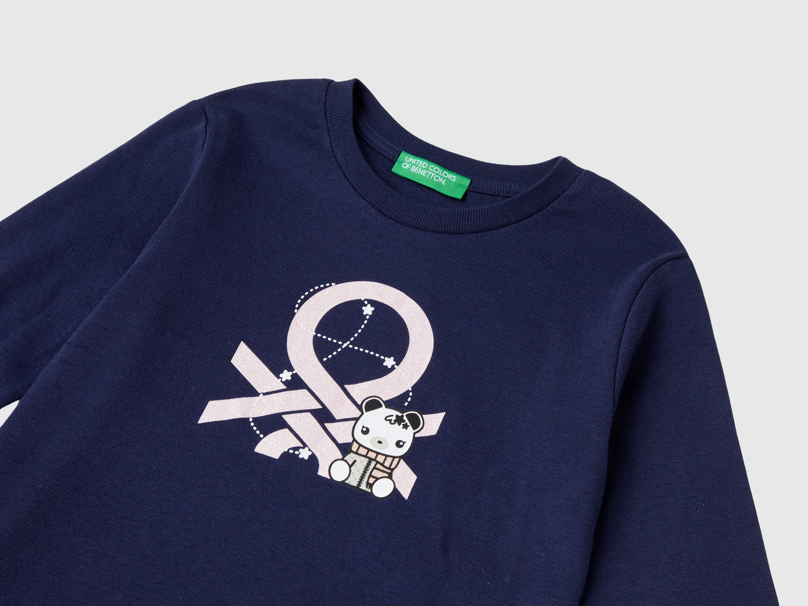 T-shirt con stampa glitter in cotone bio da bimba blu scuro 3 | Benetton Outlet