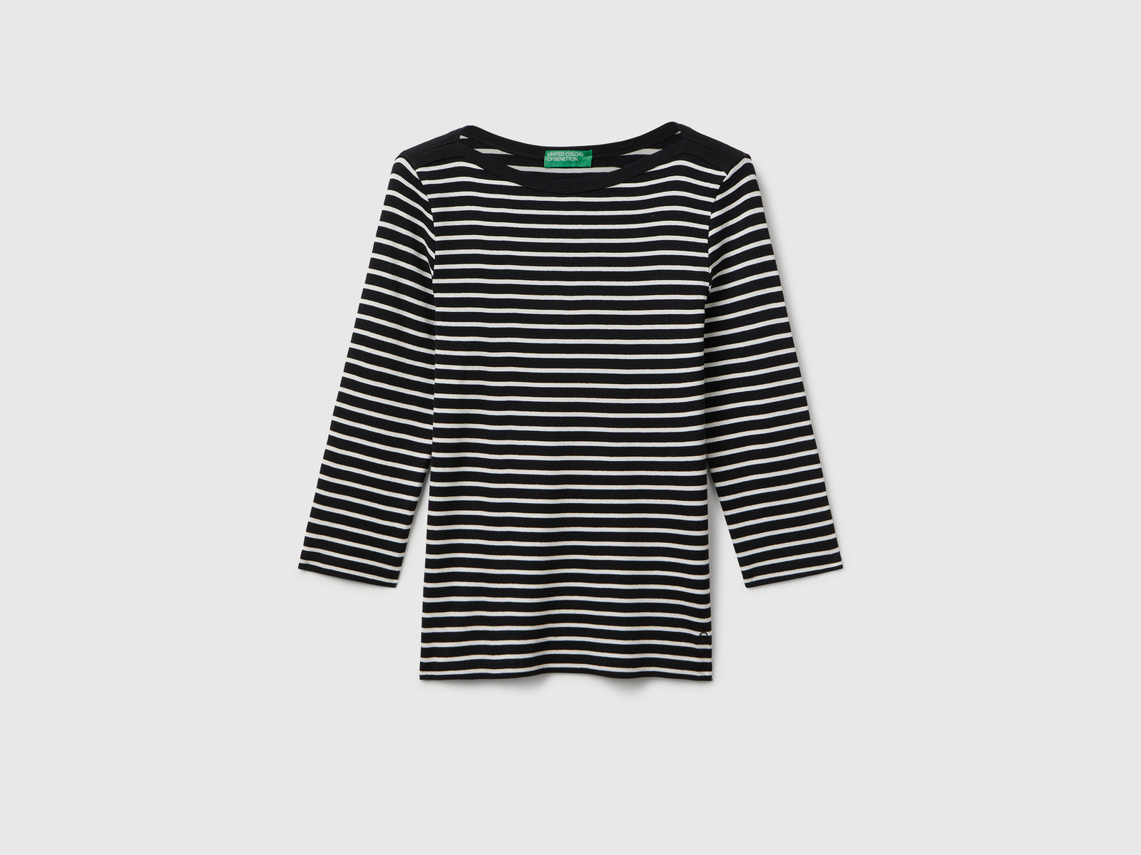 T-shirt manica 3/4 a righe in puro cotone da donna nero | Benetton Outlet