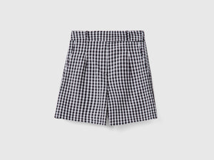 Pantaloni corti a vita alta in misto cotone e lino con fantasia a quadretti