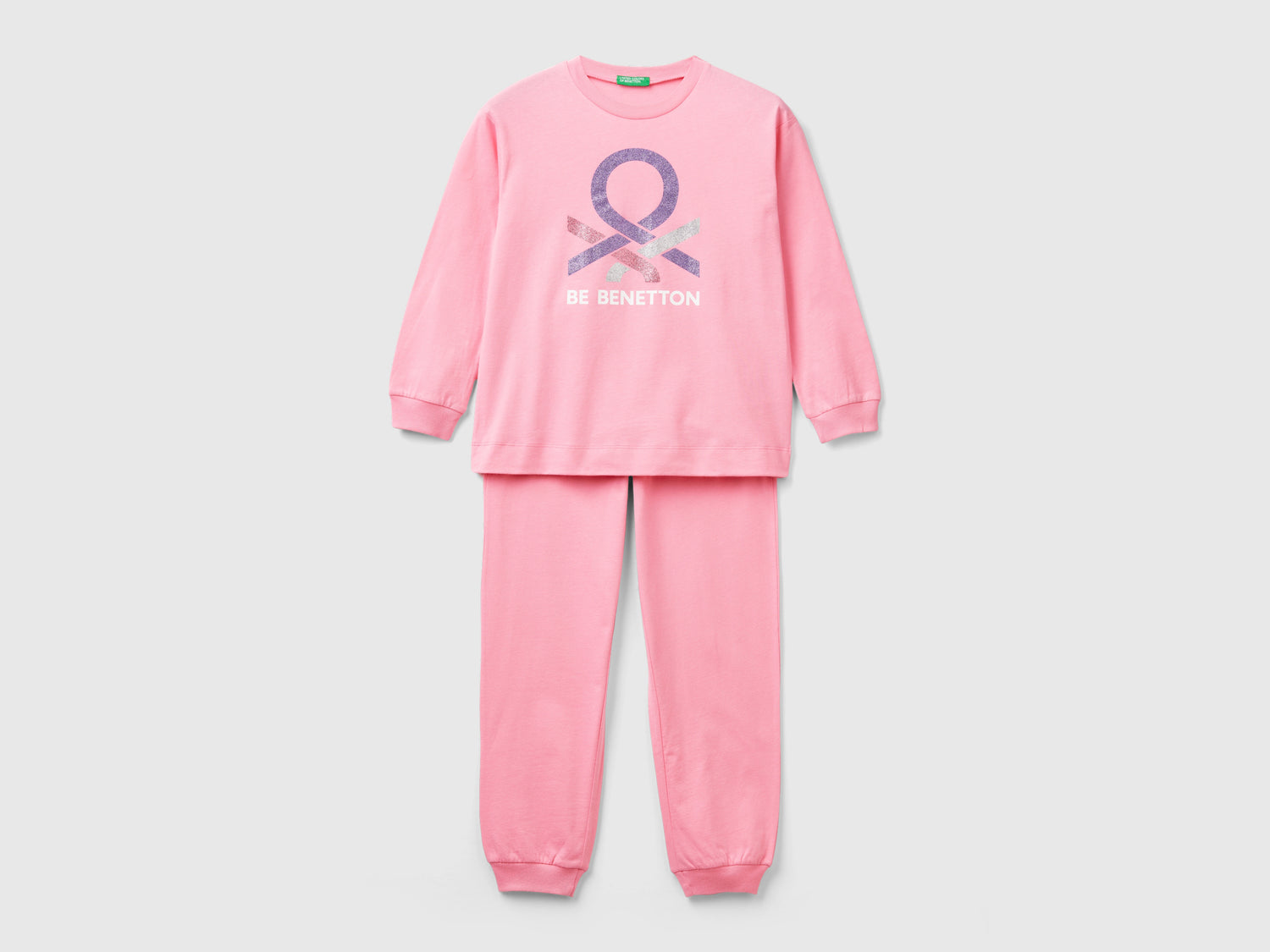 Pigiama lungo con logo glitter da bambino rosa | Benetton Outlet