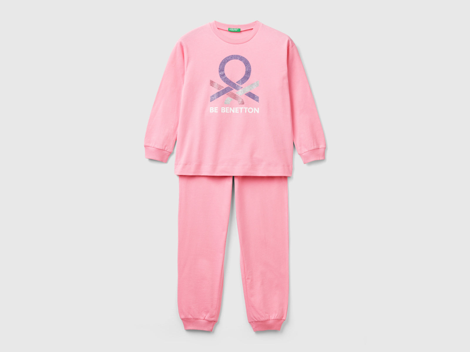 Pigiama lungo con logo glitter da bambino rosa | Benetton Outlet