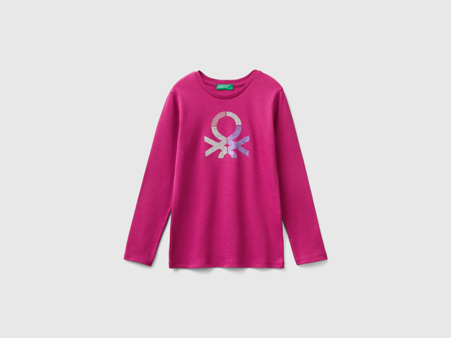 T-shirt manica lunga con stampa glitter da bambina fucsia | Benetton Outlet