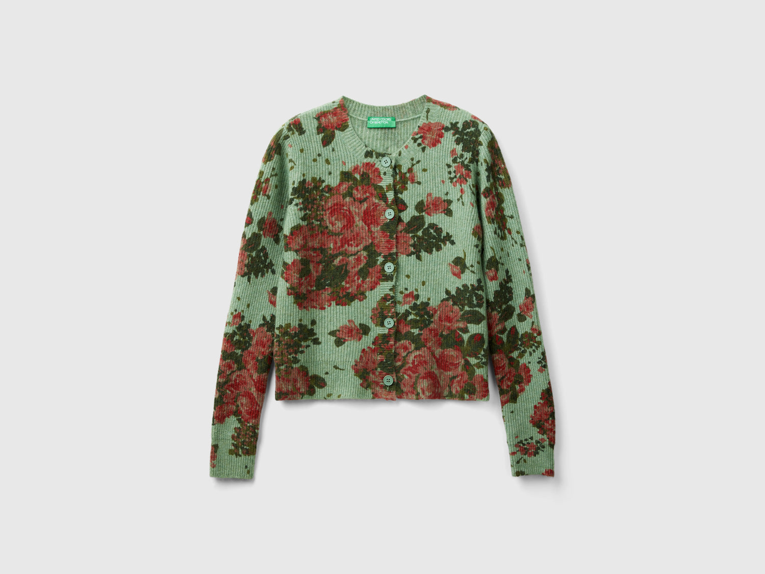 Cardigan  floreale in filato riciclato da donna verde chiaro | Benetton Outlet