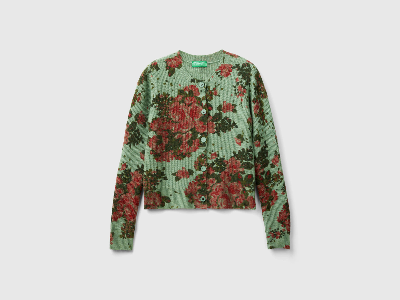 Cardigan  floreale in filato riciclato da donna verde chiaro | Benetton Outlet