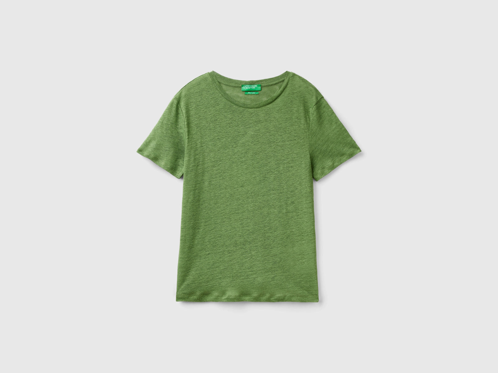 Maglietta girocollo in puro lino da donna verde militare | Benetton Outlet