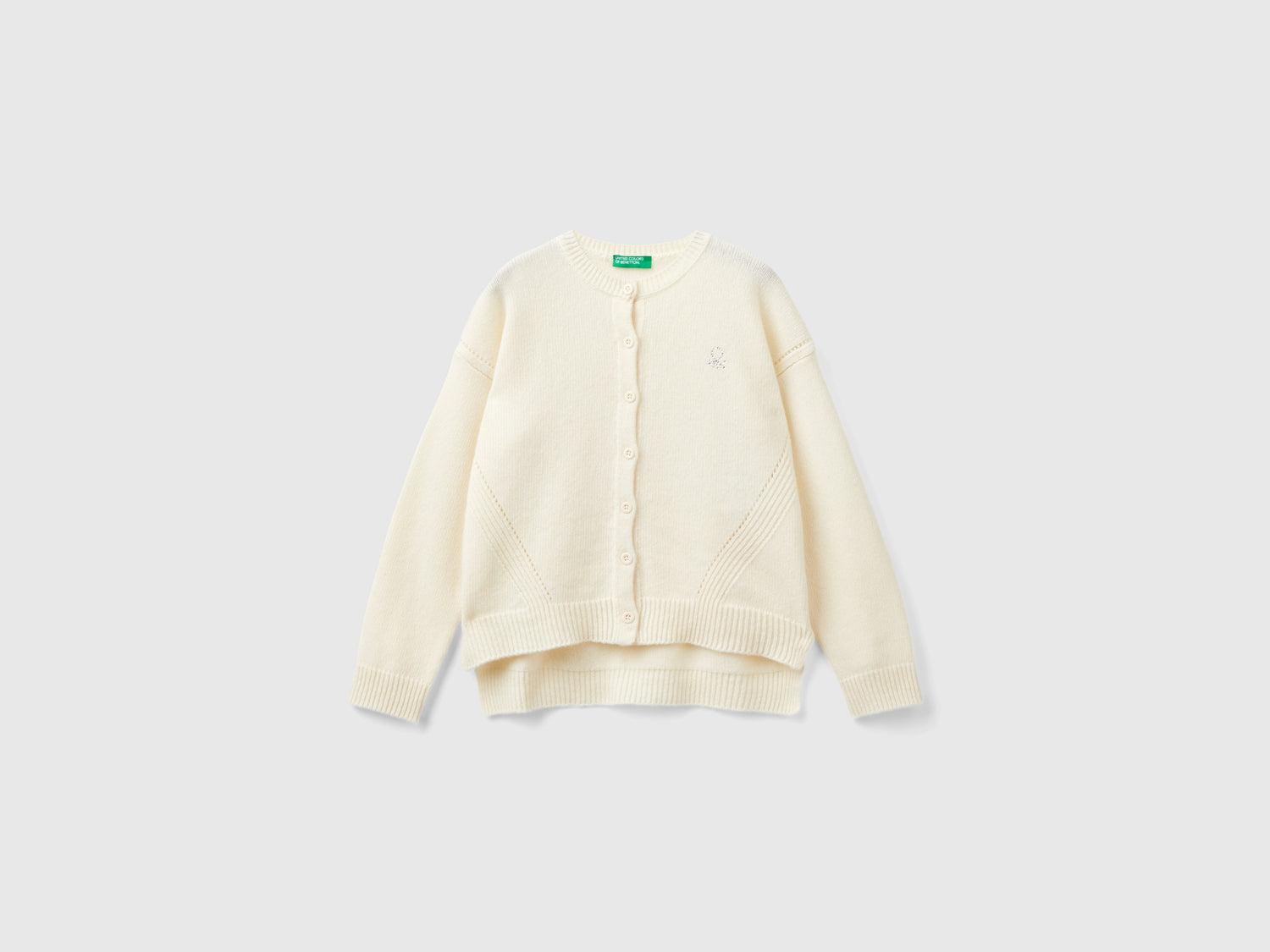 Cardigan girocollo con logo in strass da bambina bianco panna | Benetton Outlet