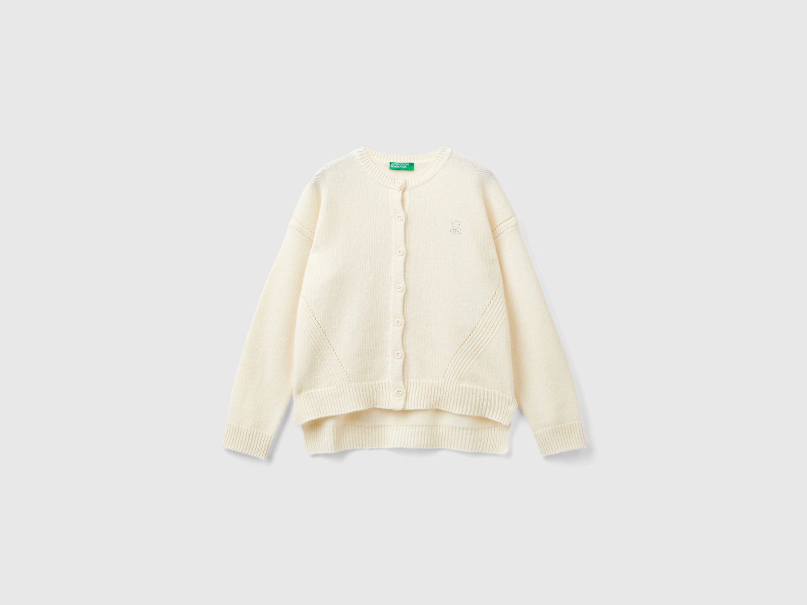 Cardigan girocollo con logo in strass da bambina bianco panna | Benetton Outlet