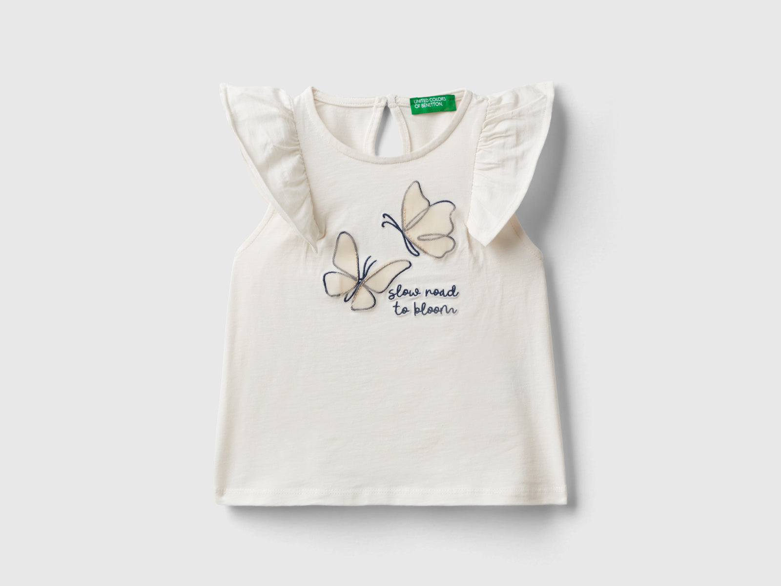 Maglietta con stampa e tulle da bimba bianco panna | Benetton Outlet