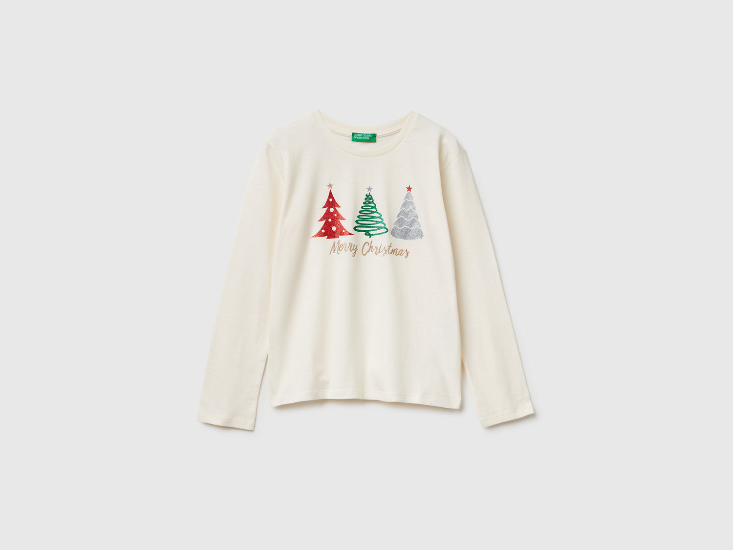 T-shirt con stampa glitter da bambina bianco panna | Benetton Outlet