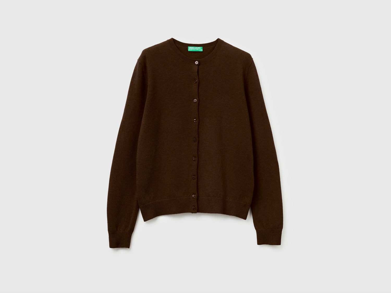 Cardigan girocollo in pura lana Merino da donna marrone | Benetton Outlet