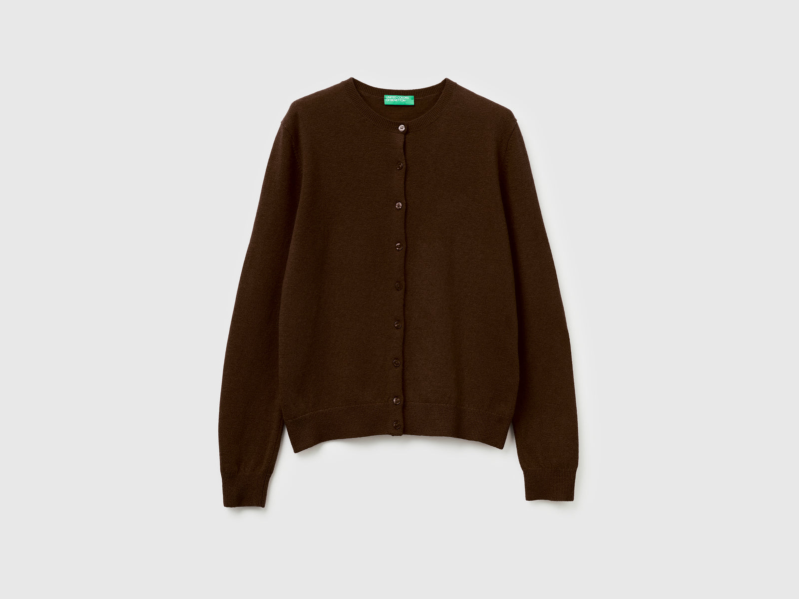 Cardigan girocollo in pura lana Merino da donna marrone | Benetton Outlet